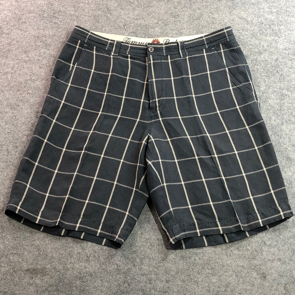 Tommy Bahama Mens Shorts 36 Blue Windowpane Plaid Linen Silk Blend Flat Front